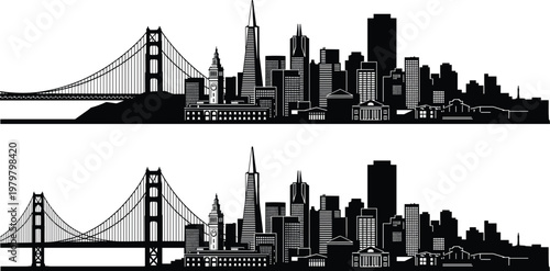San Francisco skyline silhouette with Golden Gate Bridge, detailed cityscape vector illustration, urban architecture panorama isolated on white background, iconic California city skyline design