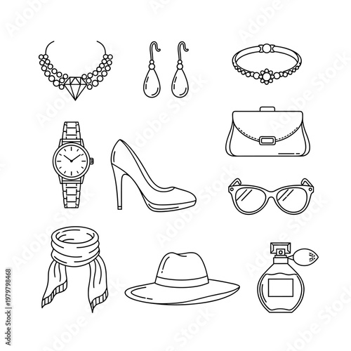 Minimalist jewelry design technical drawing, necklace with magnetic pendant and ring interaction, line art vector illustration for product manual