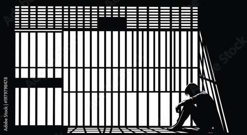 Silhouette of prisoner sitting alone in jail cell behind bars, loneliness, depression, crime punishment concept, justice system incarceration isolated on white background