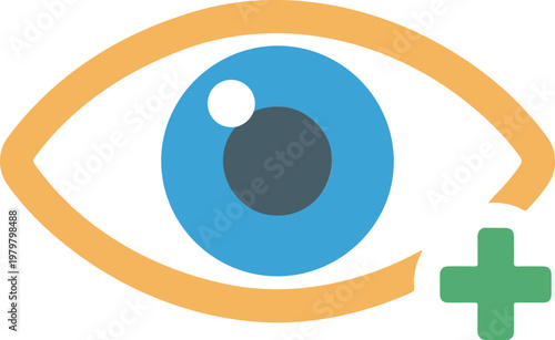 Minimalist flat design vector illustration of a human eye with a blue iris and a long shadow representing vision observation security and digital surveillance