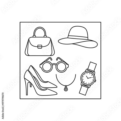 Minimalist jewelry design technical drawing, necklace with magnetic pendant and ring interaction, line art vector illustration for product manual