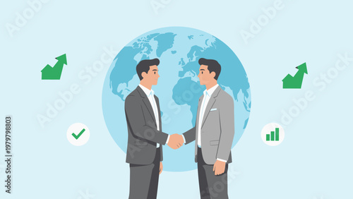 Businessmen shaking hands with globe