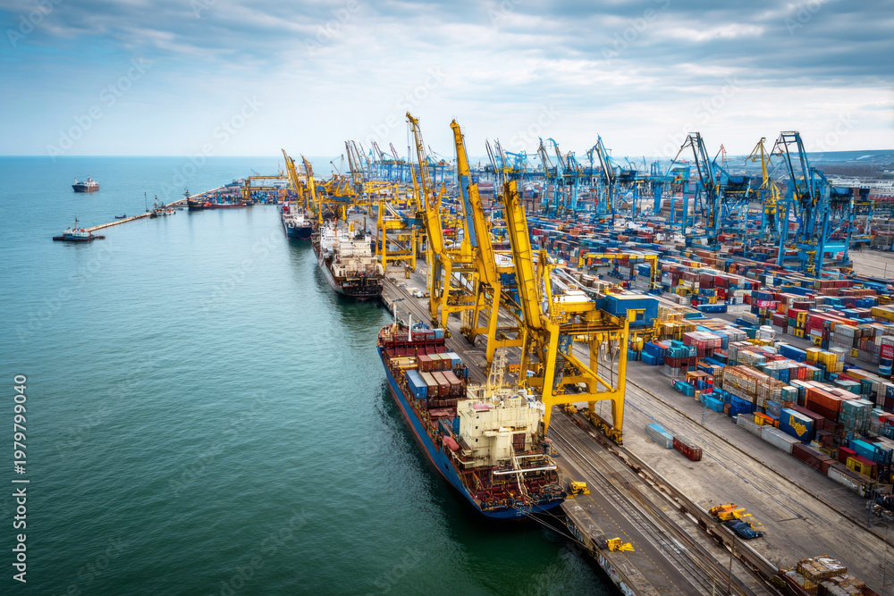 Obraz premium Containers are loaded and unloaded at the cargo sea port. Cranes move goods while large ships dock along the waterfront. Workers manage operations on the ships and wharf