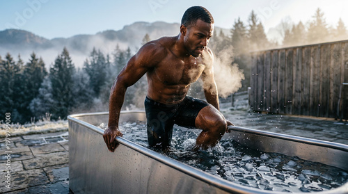 Man taking ice bath for muscle recovery and wellness.