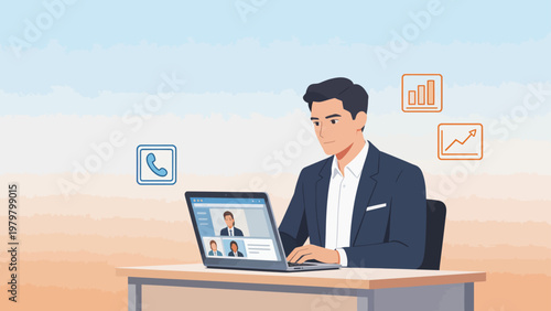 Businessman working on laptop with icons