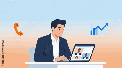 Businessman working on laptop with colleagues