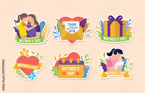 Colorful mother s day themed sticker set with gifts and loving embraces