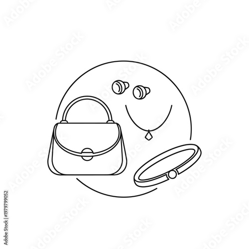 Minimalist jewelry design technical drawing, necklace with magnetic pendant and ring interaction, line art vector illustration for product manual