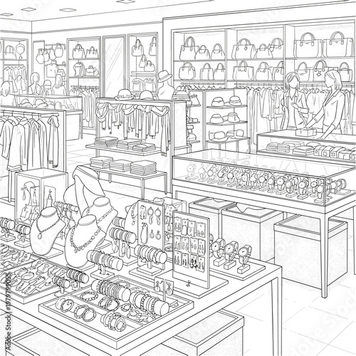 Minimalist jewelry design technical drawing, necklace with magnetic pendant and ring interaction, line art vector illustration for product manual