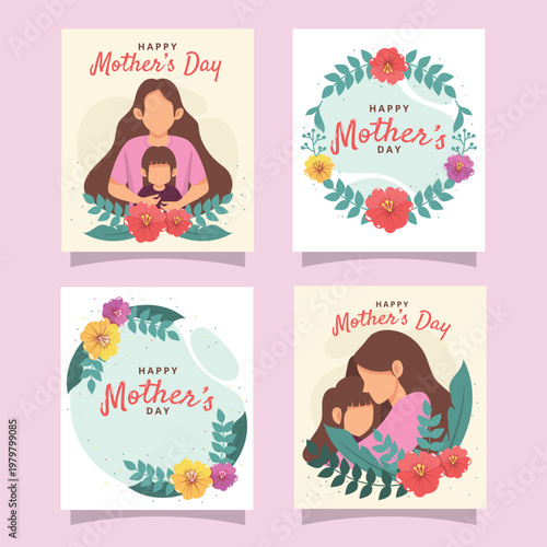Four colorful mother s day cards with floral designs and loving figures