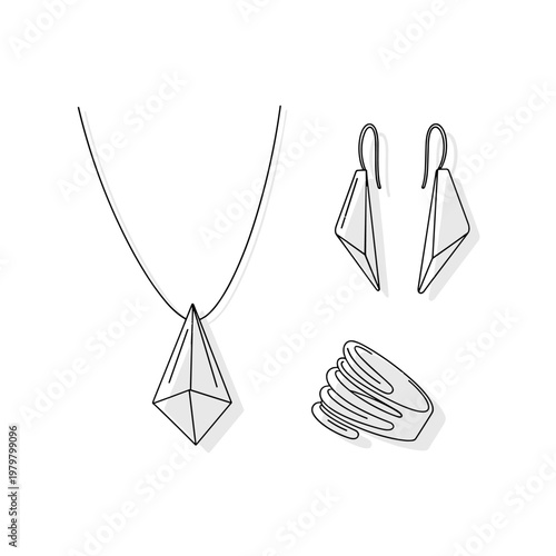 Minimalist jewelry design technical drawing, necklace with magnetic pendant and ring interaction, line art vector illustration for product manual