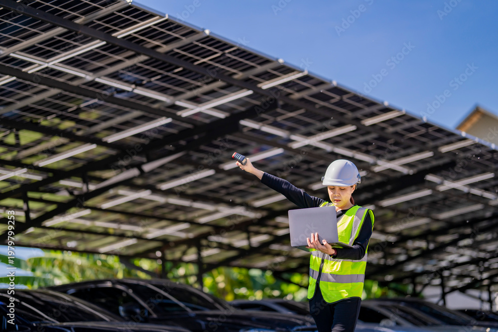 Fototapeta premium Engineer in safety vest and helmet pointing towards a solar powered carport, illustrating eco-friendly innovation in parking infrastructure. Solar panels provide shade and sustainable energy.
