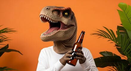 Playful dinosaur mascot holding a beverage a humorous and vibrant promotional image