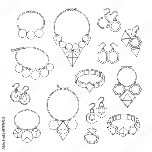 Minimalist jewelry design technical drawing, necklace with magnetic pendant and ring interaction, line art vector illustration for product manual