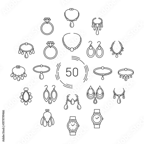 Minimalist jewelry design technical drawing, necklace with magnetic pendant and ring interaction, line art vector illustration for product manual