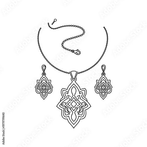 Minimalist jewelry design technical drawing, necklace with magnetic pendant and ring interaction, line art vector illustration for product manual