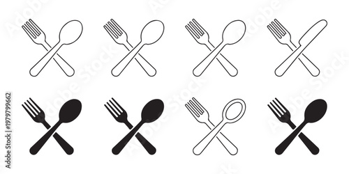 Silhouettes of crossed cutlery with forks spoons and knives icons for restaurant menu or catering service set.
