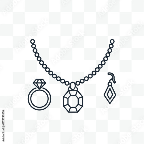 Minimalist jewelry design technical drawing, necklace with magnetic pendant and ring interaction, line art vector illustration for product manual