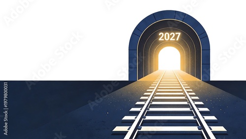 Railway track leading through a dark tunnel toward a bright light and 2027 future concept