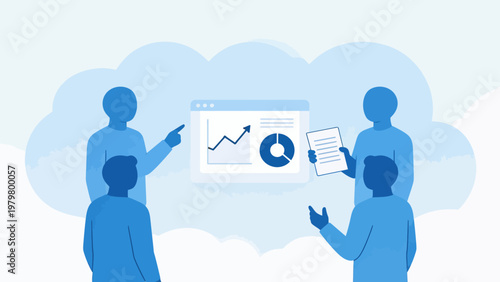 Four blue figures analyzing data on a screen