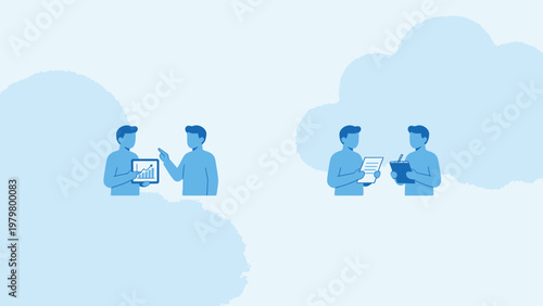 Two pairs of people discussing data and notes