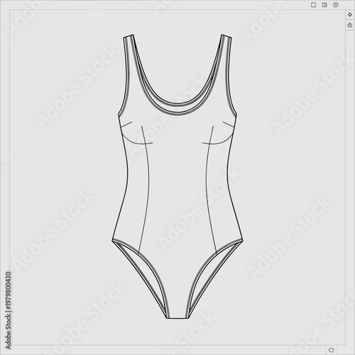 Minimalist swimsuit technical sketch, women's one-piece bodysuit flat vector, classic scoop neck swimwear template for fashion design and manufacturing