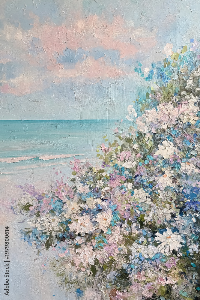 Naklejka premium Coastal seascape oil painting with blooming spring flowers, gentle ocean waves under pastel pink and blue skies