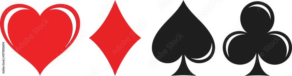Fototapeta premium Four playing card suit symbols including red heart and diamond and black spade and club