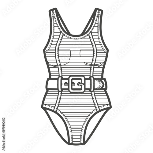 Vintage one-piece swimsuit vector illustration, retro belted swimwear technical sketch, striped women's bathing suit flat lay for fashion design