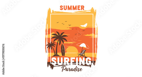 Summer surfing paradise, beach vacation, tropical getaway, vector illustration