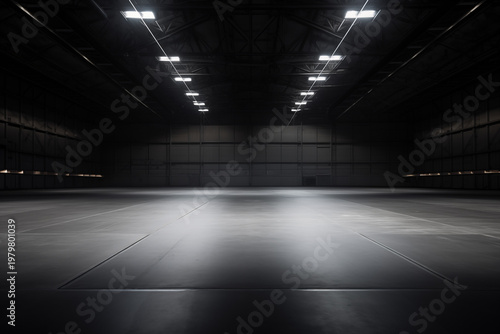 Großer, leerer Hangar, Halle, dunkel, diffuse Beleuchtung, erstellt mit generativer KI
