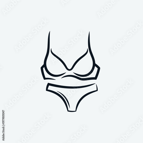 Minimalist lingerie line art vector, elegant female underwear set icon, black hand drawn bra and panties sketch on white background