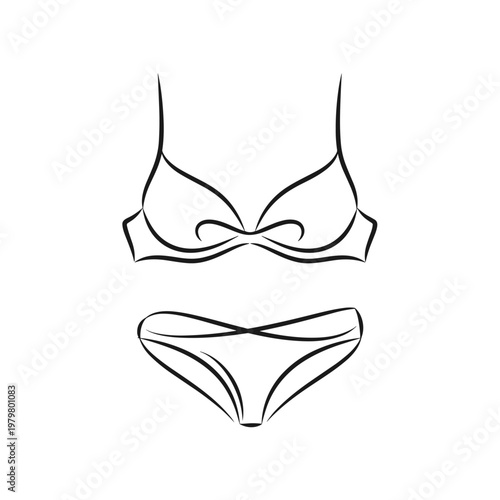 Minimalist lingerie line art vector, elegant bra and panties set illustration, black ink sketch of female underwear on white background