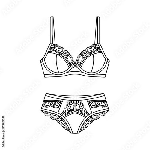 Lingerie technical sketch of lace bra and panties set, female underwear fashion flat vector, elegant intimate apparel design template