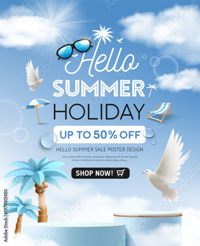 Summer holiday sale, blue color podium, coconut tree with white bird flying on cloud poster flyer background