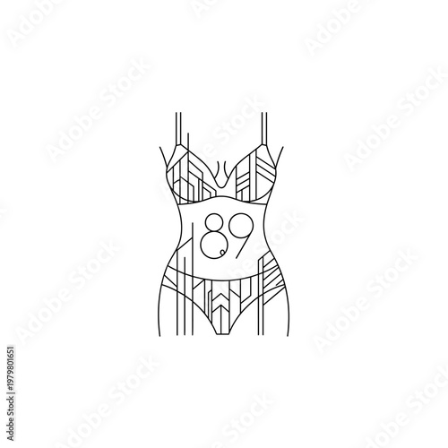 Geometric bodysuit, abstract fashion illustration, line art design,  minimalist athletic wear
