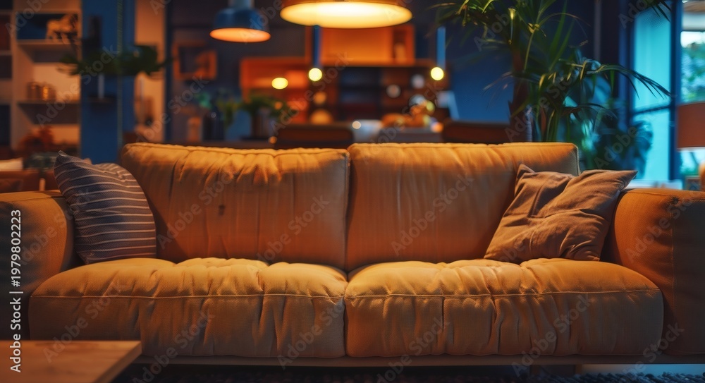 Obraz premium In the showroom, the comfortable sofa looks particularly appealing under the soft lighting