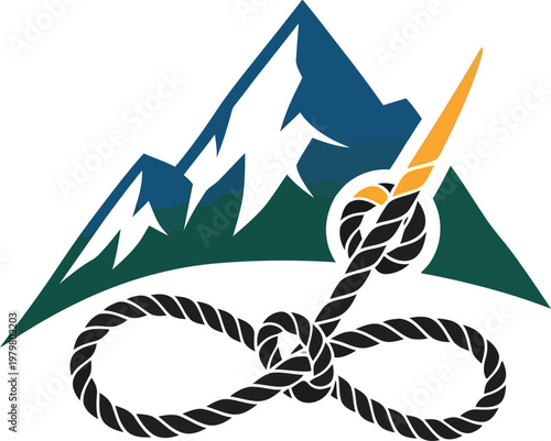 A stylized logo featuring a mountain range with a rope and pickaxe