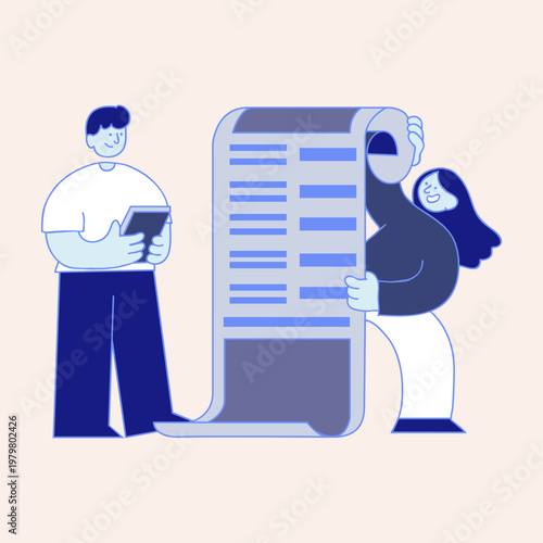 minimalist vector illustration two bussines characters interacting with a long document or report.A minimalist vector illustration featuring two characters interacting with a long document or repor