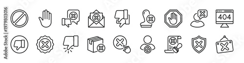 Rejection thin line icon set. Contains forbidden, stop, thumbs down, dislike, return, button, stamp, declined partnership, message, 404, close signboard, block, disapproval, spam - vector illustration