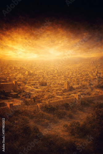 Panoramic view of an ancient city in dramatic golden glow with an ominous sky — biblical apocalyptic landscape