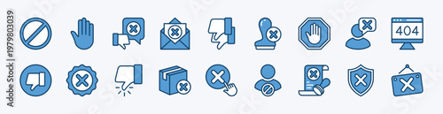 Set of rejection icon. Contains forbidden, stop, thumbs down, dislike, return, button, stamp, declined partnership, message, 404, close signboard, block, disapproval, spam - vector illustration