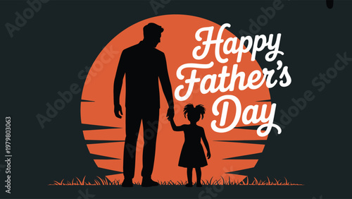 Father and little girl silhouettes on orange sunset background Happy Fathers Day