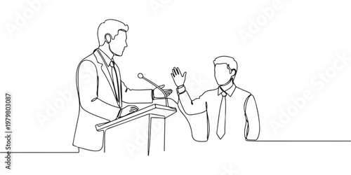 Public speaker at conference taking questions from audience continuous line drawing.