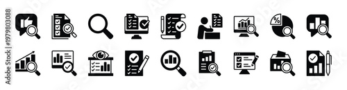 Search and research icon vector set. Contains feedback, data analytics, market, SEO, result, survey, digital report, stock exchange, evaluation, bar chart statistics, ballot percentage - illustration