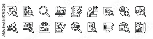Search and research thin line icon set. Contains feedback, data analytics, market, SEO, result, survey, digital report, stock exchange, evaluation, bar chart statistics, ballot percentage - vector