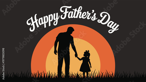 Father and little girl holding hands in front of orange sunset  happy fathers day