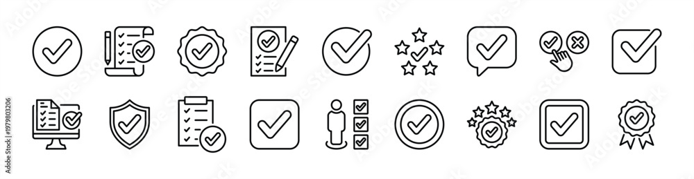 Naklejka premium Checkmark thin line icon set contains checked, tick, check, checkbox, validation, confirmation, done, completed, approve, yes, correct, right, verify, accept, ok, success, agree, exam, survey - vector