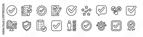 Checkmark thin line icon set contains checked, tick, check, checkbox, validation, confirmation, done, completed, approve, yes, correct, right, verify, accept, ok, success, agree, exam, survey - vector