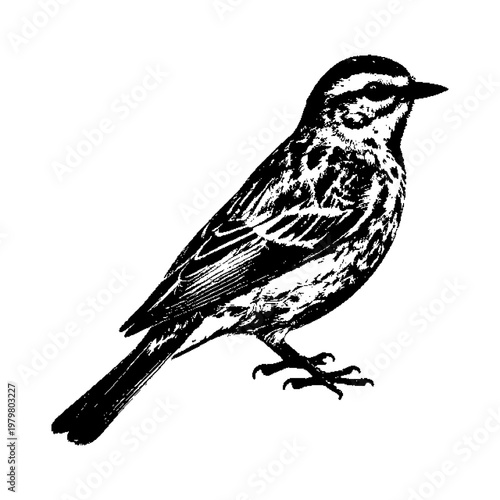 Detailed bird illustration in, stylized feather, perched stance, artistic rendering, naturalist sketch, ornithological drawing.